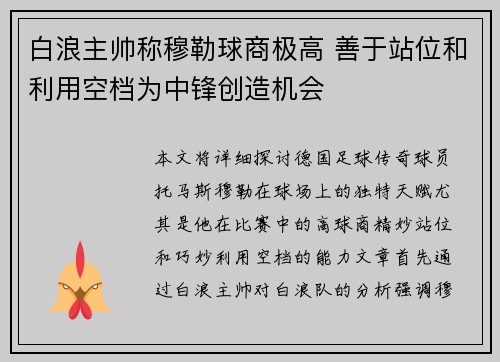 白浪主帅称穆勒球商极高 善于站位和利用空档为中锋创造机会 白浪主帅称穆勒球商极高 善于站位和利用空档为中锋创造机会